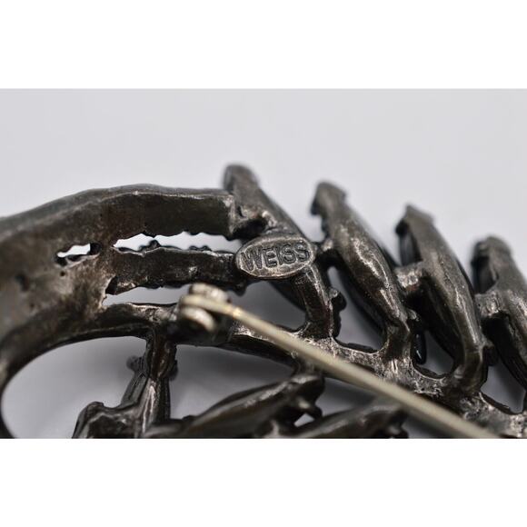 Weiss Vintage Pin Brooch Gunmetal Feather Marcasite Shiny Statement Signed Bin8 - Picture 7 of 8